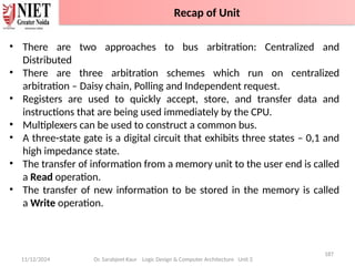 11/12/2024
187
Dr. Sarabjeet Kaur Logic Design & Computer Architecture Unit 2
• There are two approaches to bus arbitration: Centralized and
Distributed
• There are three arbitration schemes which run on centralized
arbitration – Daisy chain, Polling and Independent request.
• Registers are used to quickly accept, store, and transfer data and
instructions that are being used immediately by the CPU.
• Multiplexers can be used to construct a common bus.
• A three-state gate is a digital circuit that exhibits three states – 0,1 and
high impedance state.
• The transfer of information from a memory unit to the user end is called
a Read operation.
• The transfer of new information to be stored in the memory is called
a Write operation.
Recap of Unit
 