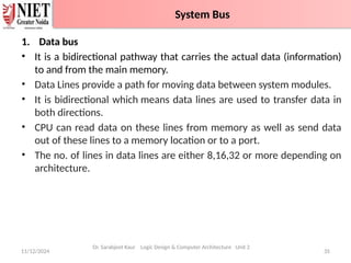 1. Data bus
• It is a bidirectional pathway that carries the actual data (information)
to and from the main memory.
• Data Lines provide a path for moving data between system modules.
• It is bidirectional which means data lines are used to transfer data in
both directions.
• CPU can read data on these lines from memory as well as send data
out of these lines to a memory location or to a port.
• The no. of lines in data lines are either 8,16,32 or more depending on
architecture.
11/12/2024 35
System Bus
Dr. Sarabjeet Kaur Logic Design & Computer Architecture Unit 2
System Bus
 