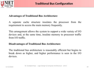 11/12/2024 49
Traditional Bus Configuration
Dr. Sarabjeet Kaur Logic Design & Computer Architecture Unit 2
Advantages of Traditional Bus Architecture
A separate cache structure insulates the processor from the
requirement to access the main memory frequently.
This arrangement allows the system to support a wide variety of I/O
devices and, at the same time, insulate memory to processor traffic
from I/O traffic.
Disadvantages of Traditional Bus Architecture
The traditional bus architecture is reasonably efficient but begins to
break down as higher, and higher performance is seen in the I/O
devices.
Traditional Bus Configuration
 