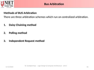 Methods of BUS Arbitration
There are three arbitration schemes which run on centralized arbitration.
1. Daisy Chaining method
2. Polling method
3. Independent Request method
11/12/2024 65
Bus Arbitration
Dr. Sarabjeet Kaur Logic Design & Computer Architecture Unit 2
Bus Arbitration
 