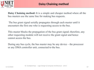 11/12/2024 67
Daisy Chaining method
Dr. Sarabjeet Kaur Logic Design & Computer Architecture Unit 2
Daisy Chaining method: It is a simple and cheaper method where all the
bus masters use the same line for making bus requests.
The bus grant signal serially propagates through each master until it
encounters the first one who is requesting access to the bus.
This master blocks the propagation of the bus grant signal; therefore, any
other requesting module will not receive the grant signal and hence
cannot access the bus.
During any bus cycle, the bus master may be any device – the processor
or any DMA controller unit, connected to the bus.
Daisy Chaining method
 