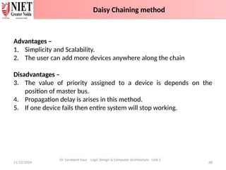 11/12/2024 68
Daisy Chaining method
Advantages –
1. Simplicity and Scalability.
2. The user can add more devices anywhere along the chain
Disadvantages –
3. The value of priority assigned to a device is depends on the
position of master bus.
4. Propagation delay is arises in this method.
5. If one device fails then entire system will stop working.
Dr. Sarabjeet Kaur Logic Design & Computer Architecture Unit 2
Daisy Chaining method
 