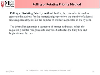 11/12/2024 70
Polling or Rotating Priority Method
Dr. Sarabjeet Kaur Logic Design & Computer Architecture Unit 2
Polling or Rotating Priority method: In this, the controller is used to
generate the address for the master(unique priority), the number of address
lines required depends on the number of masters connected in the system.
The controller generates a sequence of master addresses. When the
requesting master recognizes its address, it activates the busy line and
begins to use the bus.
Polling or Rotating Priority Method
 