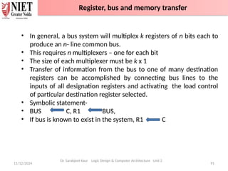 11/12/2024 91
• In general, a bus system will multiplex k registers of n bits each to
produce an n- line common bus.
• This requires n multiplexers – one for each bit
• The size of each multiplexer must be k x 1
• Transfer of information from the bus to one of many destination
registers can be accomplished by connecting bus lines to the
inputs of all designation registers and activating the load control
of particular destination register selected.
• Symbolic statement-
• BUS C, R1 BUS,
• If bus is known to exist in the system, R1 C
Dr. Sarabjeet Kaur Logic Design & Computer Architecture Unit 2
Register, bus and memory transfer
 