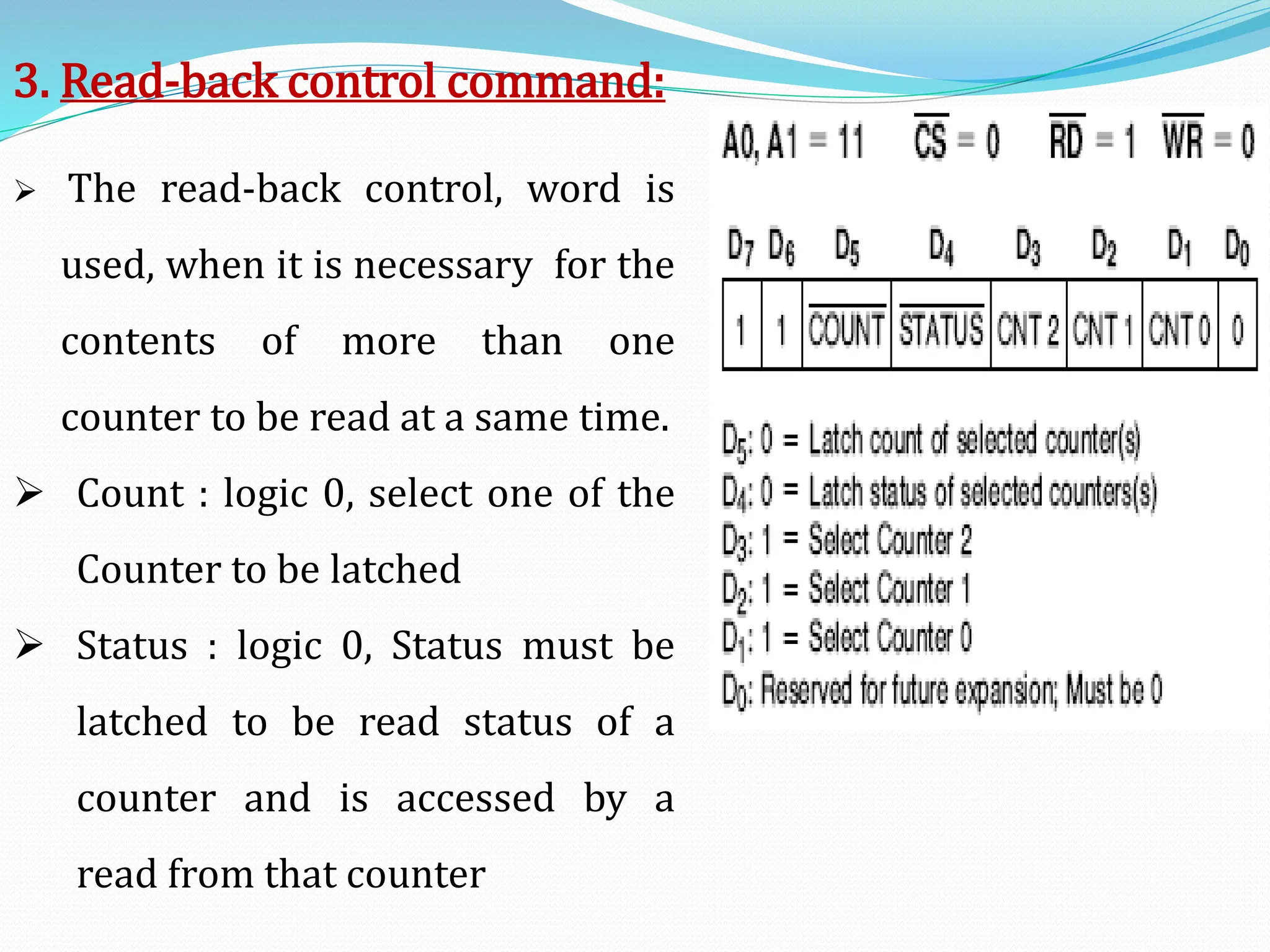 3. Read-back control command:
 The read-back control, word is
used, when it is necessary for the
contents of more than one
counter to be read at a same time.
 Count : logic 0, select one of the
Counter to be latched
 Status : logic 0, Status must be
latched to be read status of a
counter and is accessed by a
read from that counter
 