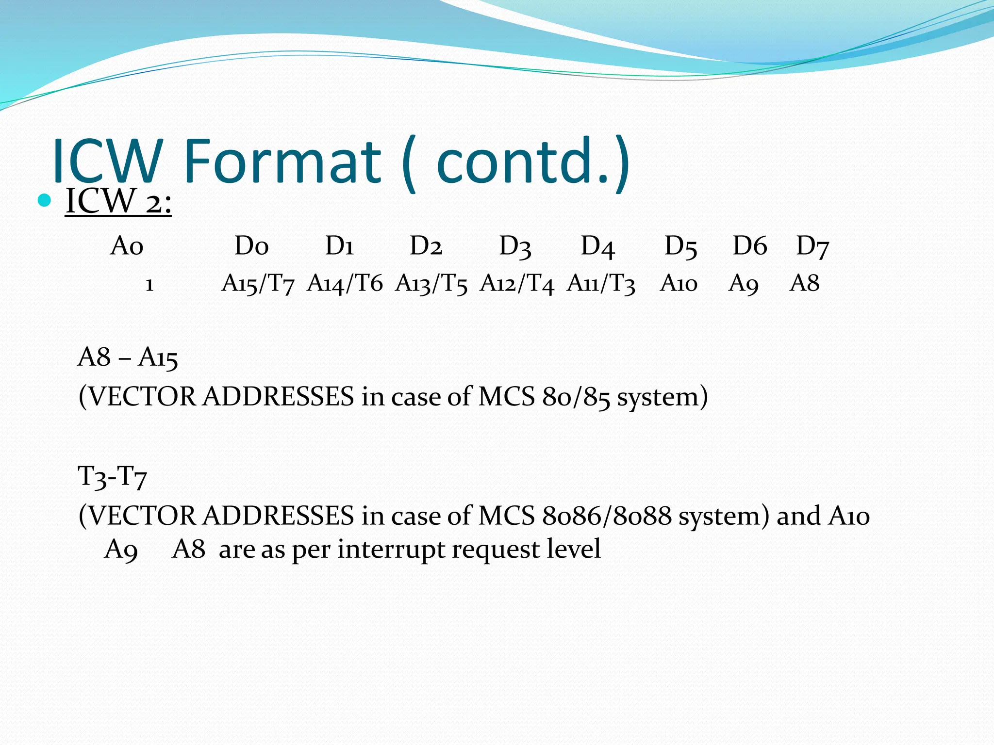 ICW Format ( contd.)
 ICW 2:
A0 D0 D1 D2 D3 D4 D5 D6 D7
1 A15/T7 A14/T6 A13/T5 A12/T4 A11/T3 A10 A9 A8
A8 – A15
(VECTOR ADDRESSES in case of MCS 80/85 system)
T3-T7
(VECTOR ADDRESSES in case of MCS 8086/8088 system) and A10
A9 A8 are as per interrupt request level
 