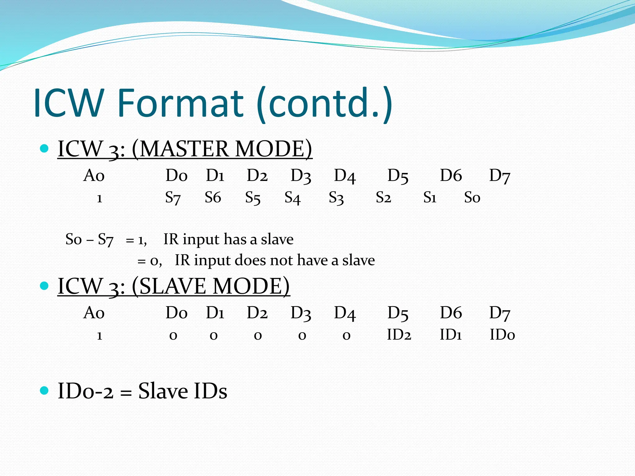ICW Format (contd.)
 ICW 3: (MASTER MODE)
A0 D0 D1 D2 D3 D4 D5 D6 D7
1 S7 S6 S5 S4 S3 S2 S1 S0
S0 – S7 = 1, IR input has a slave
= 0, IR input does not have a slave
 ICW 3: (SLAVE MODE)
A0 D0 D1 D2 D3 D4 D5 D6 D7
1 0 0 0 0 0 ID2 ID1 ID0
 ID0-2 = Slave IDs
 