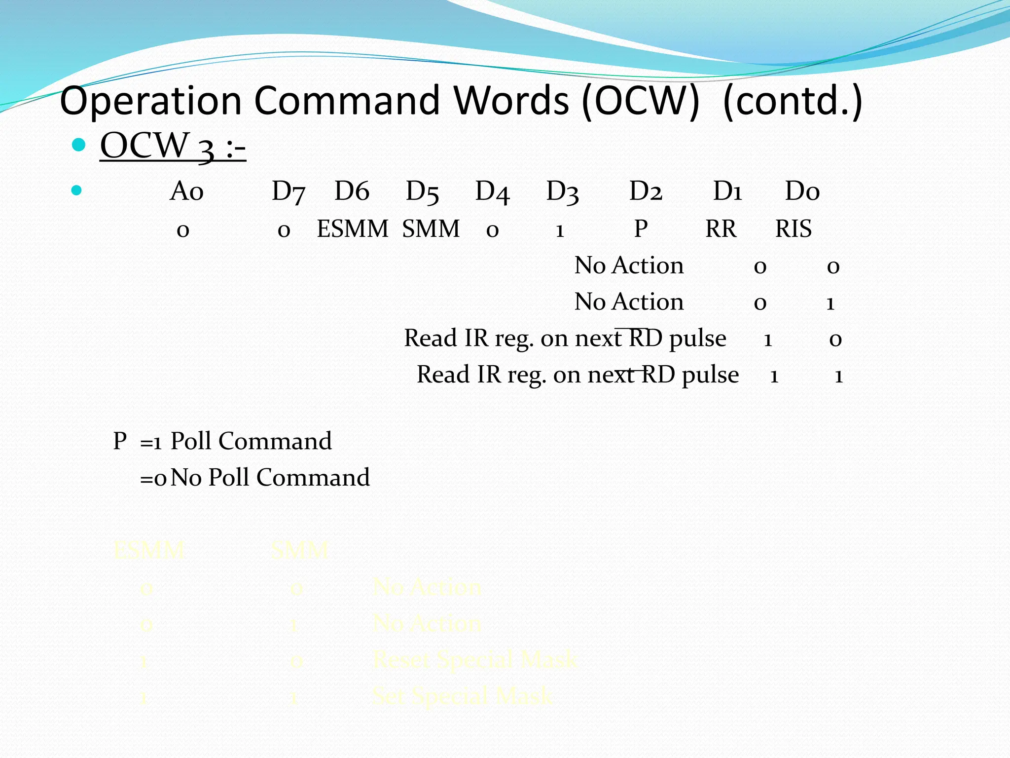 Operation Command Words (OCW) (contd.)
 OCW 3 :-
 A0 D7 D6 D5 D4 D3 D2 D1 D0
0 0 ESMM SMM 0 1 P RR RIS
No Action 0 0
No Action 0 1
Read IR reg. on next RD pulse 1 0
Read IR reg. on next RD pulse 1 1
P =1 Poll Command
=0No Poll Command
ESMM SMM
0 0 No Action
0 1 No Action
1 0 Reset Special Mask
1 1 Set Special Mask
 