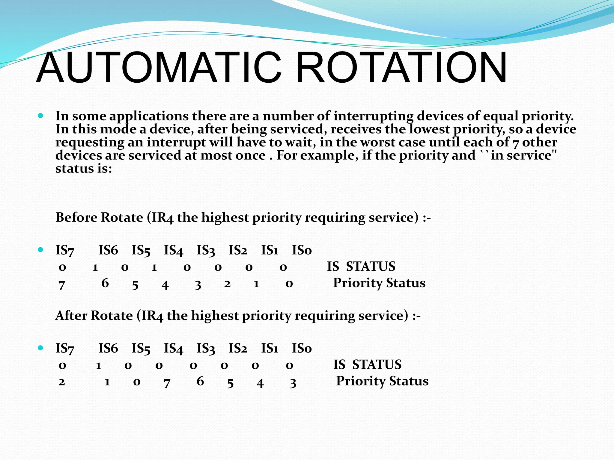 AUTOMATIC ROTATION
 In some applications there are a number of interrupting devices of equal priority.
In this mode a device, after being serviced, receives the lowest priority, so a device
requesting an interrupt will have to wait, in the worst case until each of 7 other
devices are serviced at most once . For example, if the priority and ``in service''
status is:
Before Rotate (IR4 the highest priority requiring service) :-
 IS7 IS6 IS5 IS4 IS3 IS2 IS1 IS0
0 1 0 1 0 0 0 0 IS STATUS
7 6 5 4 3 2 1 0 Priority Status
After Rotate (IR4 the highest priority requiring service) :-
 IS7 IS6 IS5 IS4 IS3 IS2 IS1 IS0
0 1 0 0 0 0 0 0 IS STATUS
2 1 0 7 6 5 4 3 Priority Status
 