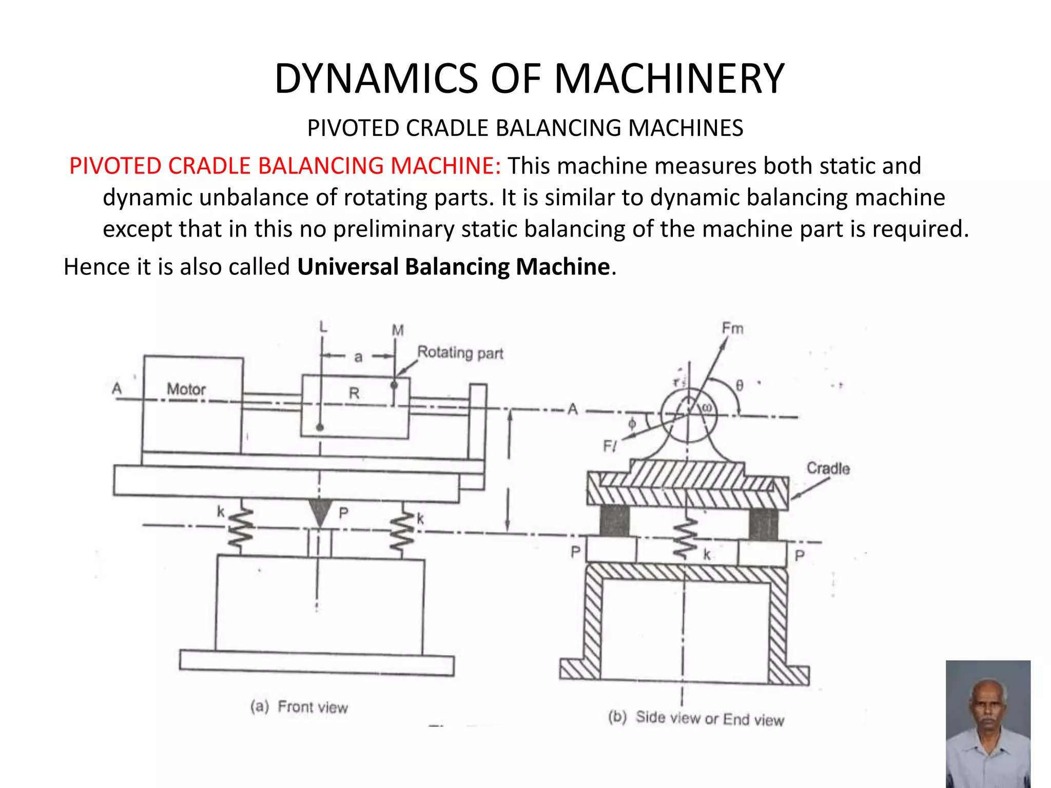 DYNAMICS OF MACHINERY
PIVOTED CRADLE BALANCING MACHINES
PIVOTED CRADLE BALANCING MACHINE: This machine measures both static and
dynamic unbalance of rotating parts. It is similar to dynamic balancing machine
except that in this no preliminary static balancing of the machine part is required.
Hence it is also called Universal Balancing Machine.
FIG
 