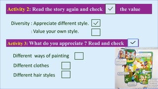 Activity 3: What do you appreciate ? Read and check
Activity 2: Read the story again and check the value
• Diversity : Appreciate different style.
: Value your own style.
Different ways of painting
Different clothes
Different hair styles
