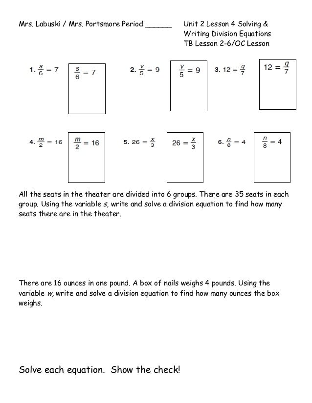Unit 2 lesson 4 solving & writing division equations