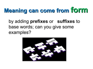 by adding prefixes or suffixes to
base words; can you give some
examples?
Meaning can come from
Meaning can come from form
form
 