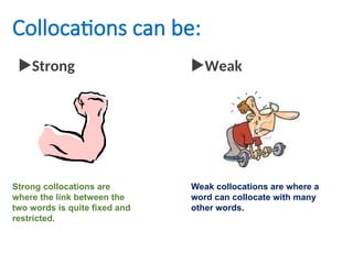 Collocations can be:
Strong Weak
Strong collocations are
where the link between the
two words is quite fixed and
restricted.
Weak collocations are where a
word can collocate with many
other words.
 