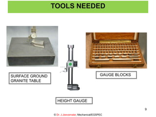 SURFACE GROUND
GRANITE TABLE
HEIGHT GAUGE
GAUGE BLOCKS
TOOLS NEEDED
© Dr. J.Jeevamalar, Mechanical/EGSPEC
9
 