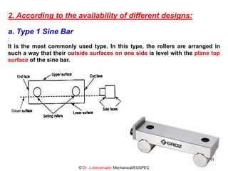 2. According to the availability of different designs:
a. Type 1 Sine Bar
:
It is the most commonly used type. In this type, the rollers are arranged in
such a way that their outside surfaces on one side is level with the plane top
surface of the sine bar.
© Dr. J.Jeevamalar, Mechanical/EGSPEC
11
 