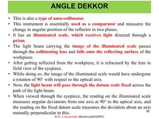ANGLE DEKKOR
© Dr. J.Jeevamalar, Mechanical/EGSPEC
36
• This is also a type of auto-collimator.
• This instrument is essentially used as a comparator and measures the
change in angular position of the reflector in two planes.
• It has an illuminated scale, which receives light directed through a
prism.
• The light beam carrying the image of the illuminated scale passes
through the collimating lens and falls onto the reflecting surface of the
workpiece.
• After getting reflected from the workpiece, it is refocused by the lens in
field view of the eyepiece.
• While doing so, the image of the illuminated scale would have undergone
a rotation of 90° with respect to the optical axis.
• Now, the light beam will pass through the datum scale fixed across the
path of the light beam.
• When viewed through the eyepiece, the reading on the illuminated scale
measures angular deviations from one axis at 90° to the optical axis, and
the reading on the fixed datum scale measures the deviation about an axis
mutually perpendicular to this.
 