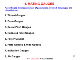 27
According to the measurement of parameters involved, the gauges are
classified into,
1. Thread Gauges
2. Form Gauges
3. Screw Pitch Gauges
4. Radius & Fillet Gauges
5. Feeler Gauges
6. Plate Gauges & Wire Gauges
7. Indication Gauges
8. Air Gauges
© Dr. J.Jeevamalar, Mechanical/EGSPEC
4. MATING GAUGES
 