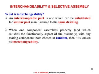36
INTERCHANGEABILITY & SELECTIVE ASSEMBLY
What is interchangeability?
 An interchangeable part is one which can be substituted
for similar part manufactured to the same drawing.
 When one component assembles properly (and which
satisfies the functionality aspect of the assembly) with any
mating component, both chosen at random, then it is known
as interchangeability.
© Dr. J.Jeevamalar, Mechanical/EGSPEC
 