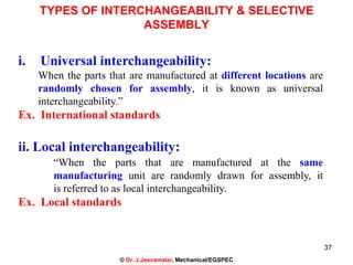 37
TYPES OF INTERCHANGEABILITY & SELECTIVE
ASSEMBLY
i. Universal interchangeability:
When the parts that are manufactured at different locations are
randomly chosen for assembly, it is known as universal
interchangeability.”
Ex. International standards
ii. Local interchangeability:
“When the parts that are manufactured at the same
manufacturing unit are randomly drawn for assembly, it
is referred to as local interchangeability.
Ex. Local standards
© Dr. J.Jeevamalar, Mechanical/EGSPEC
 