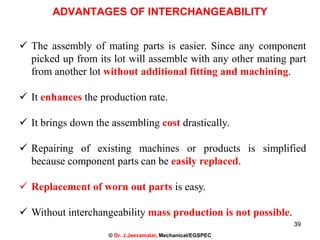39
 The assembly of mating parts is easier. Since any component
picked up from its lot will assemble with any other mating part
from another lot without additional fitting and machining.
 It enhances the production rate.
 It brings down the assembling cost drastically.
 Repairing of existing machines or products is simplified
because component parts can be easily replaced.
 Replacement of worn out parts is easy.
 Without interchangeability mass production is not possible.
ADVANTAGES OF INTERCHANGEABILITY
© Dr. J.Jeevamalar, Mechanical/EGSPEC
 