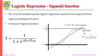Logistic Regression - Sigmoid function
Machine Learning Department of Information Technology
• You must be wondering how logistic regression squeezes the output of linear
regression between 0 and 1.
• Formula of logistic function:
 