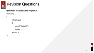 Revision Questions
Q9 What is the output of C Program.?
int main()
{
while(true)
{
printf("RABBIT");
break; }
return 0;
}
14
 