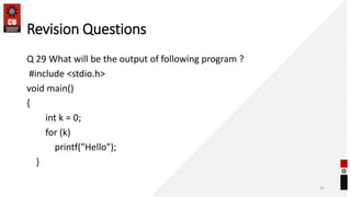 Revision Questions
Q 29 What will be the output of following program ?
#include <stdio.h>
void main()
{
int k = 0;
for (k)
printf("Hello");
}
32
 