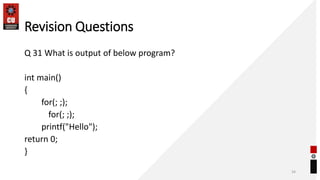 Revision Questions
Q 31 What is output of below program?
int main()
{
for(; ;);
for(; ;);
printf("Hello");
return 0;
}
34
 