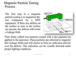 4
Magnetic Particle Testing
Process
The first step in a magnetic
particle testing is to magnetize the
test component by a MPT
equipment. If there any defects on
the surface or near to the surface
are present, the defects will create
a leakage field.
Then finely milled iron particles coated with a dye pigment are
applied to the specimen. These particles are attracted to magnetic
flux leakage fields and will cluster to form an indication directly
over the defects. This indication can be visually detected under
proper lighting conditions.
6/3/2021 SHIVAM SHARMA
 