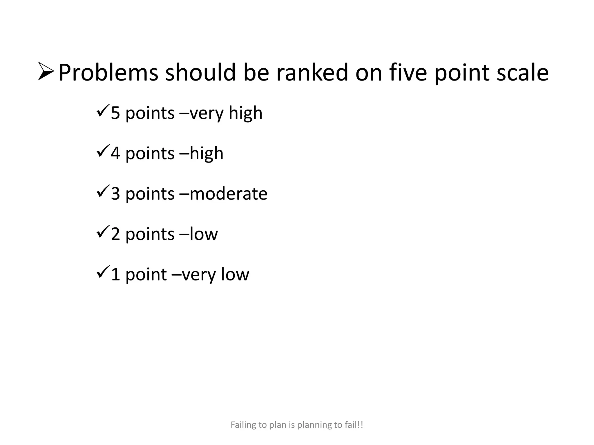 Problems should be ranked on five point scale
5 points –very high
4 points –high
3 points –moderate
2 points –low
1 point –very low
Failing to plan is planning to fail!!
 
