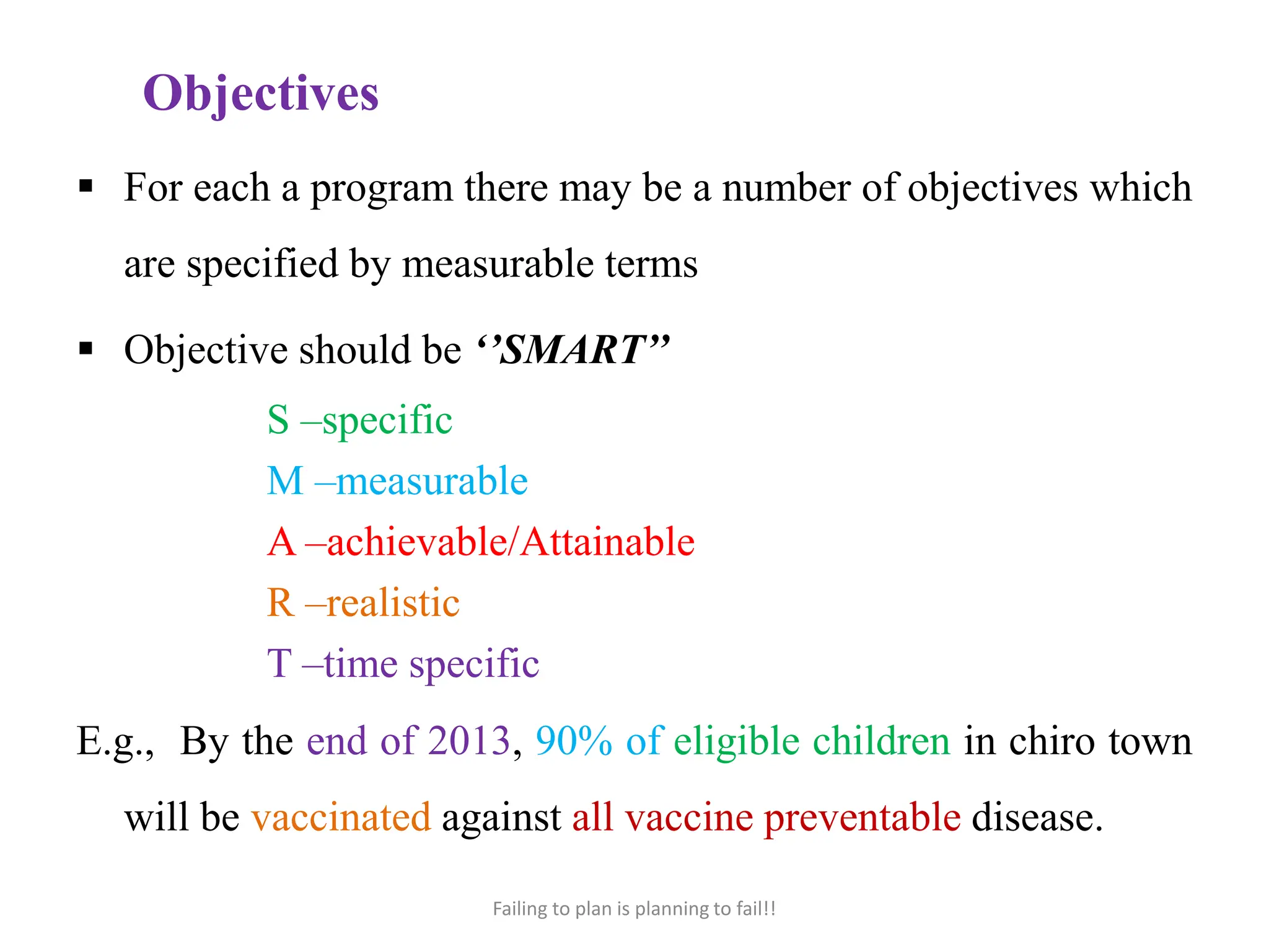 Objectives
 For each a program there may be a number of objectives which
are specified by measurable terms
 Objective should be ‘’SMART’’
S –specific
M –measurable
A –achievable/Attainable
R –realistic
T –time specific
E.g., By the end of 2013, 90% of eligible children in chiro town
will be vaccinated against all vaccine preventable disease.
Failing to plan is planning to fail!!
 