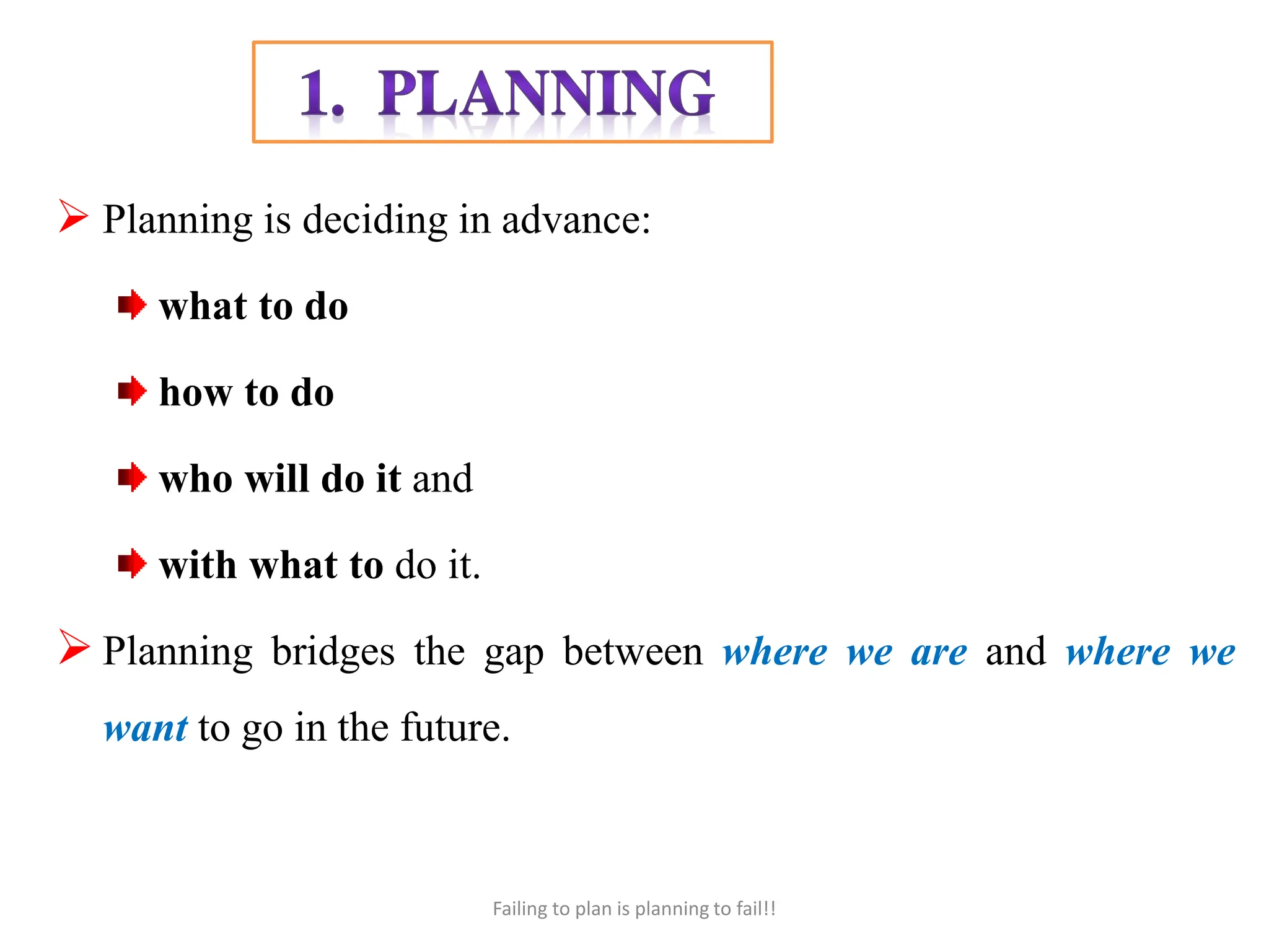  Planning is deciding in advance:
what to do
how to do
who will do it and
with what to do it.
 Planning bridges the gap between where we are and where we
want to go in the future.
Failing to plan is planning to fail!!
 