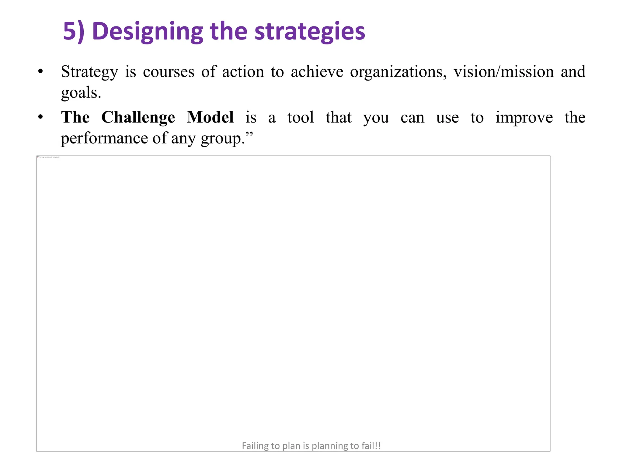 5) Designing the strategies
• Strategy is courses of action to achieve organizations, vision/mission and
goals.
• The Challenge Model is a tool that you can use to improve the
performance of any group.”
Failing to plan is planning to fail!!
 