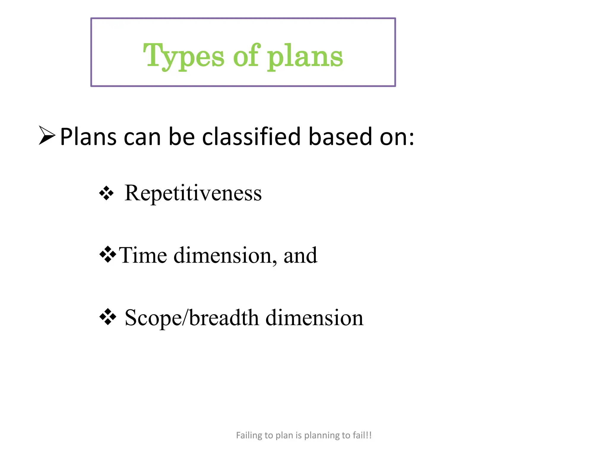 Types of plans
Plans can be classified based on:
 Repetitiveness
Time dimension, and
 Scope/breadth dimension
Failing to plan is planning to fail!!
 