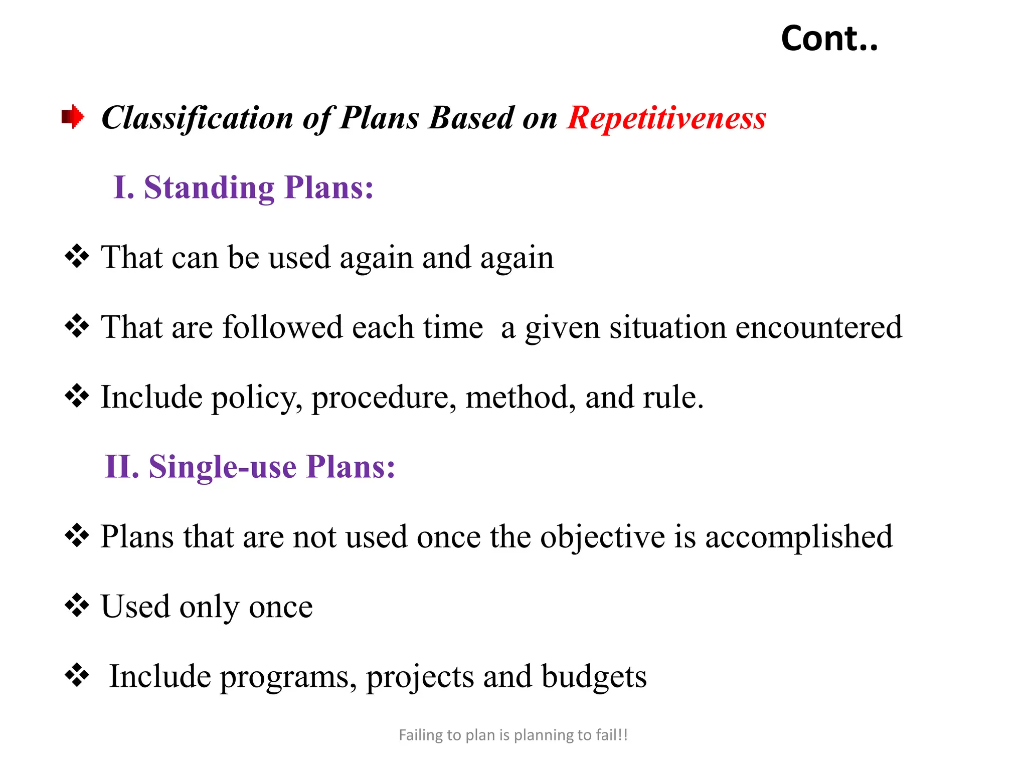 Cont..
Classification of Plans Based on Repetitiveness
I. Standing Plans:
 That can be used again and again
 That are followed each time a given situation encountered
 Include policy, procedure, method, and rule.
II. Single-use Plans:
 Plans that are not used once the objective is accomplished
 Used only once
 Include programs, projects and budgets
Failing to plan is planning to fail!!
 