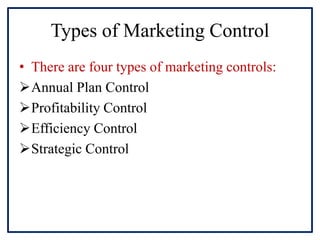 Types of Marketing Control
• There are four types of marketing controls:
Annual Plan Control
Profitability Control
Efficiency Control
Strategic Control
 