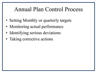 Annual Plan Control Process
• Setting Monthly or quarterly targets
• Monitoring actual performance
• Identifying serious deviations
• Taking corrective actions
 