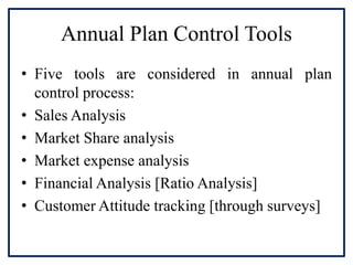 Annual Plan Control Tools
• Five tools are considered in annual plan
control process:
• Sales Analysis
• Market Share analysis
• Market expense analysis
• Financial Analysis [Ratio Analysis]
• Customer Attitude tracking [through surveys]
 