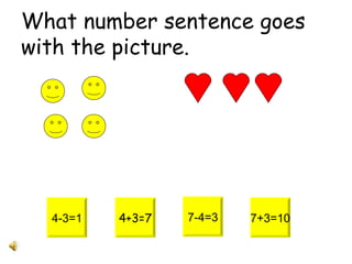 What number sentence goes with the picture. 4-3=1 4+3=7 7-4=3 7+3=10 