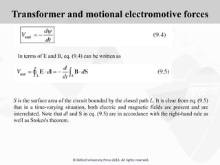 Transformer and motional electromotive forces
© Oxford University Press 2015. All rights reserved.
In terms of E and B, eq. (9.4) can be written as
S is the surface area of the circuit bounded by the closed path L. It is clear from eq. (9.5)
that in a time-varying situation, both electric and magnetic fields are present and are
interrelated. Note that dl and S in eq. (9.5) are in accordance with the right-hand rule as
well as Stokes's theorem.
 