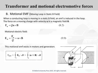Transformer and motional electromotive forces
© Oxford University Press 2015. All rights reserved.
B. Motional EMF (Moving Loop in Static B Field)
When a conducting loop is moving in a static B field, an emf is induced in the loop.
The force on a moving charge with velocity u in a magnetic field B:
Motional electric field:
This motional emf exists in motors and generators
 