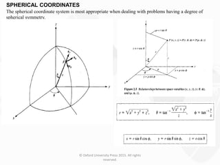 © Oxford University Press 2015. All rights
reserved.
SPHERICAL COORDINATES
The spherical coordinate system is most appropriate when dealing with problems having a degree of
spherical symmetry.
 