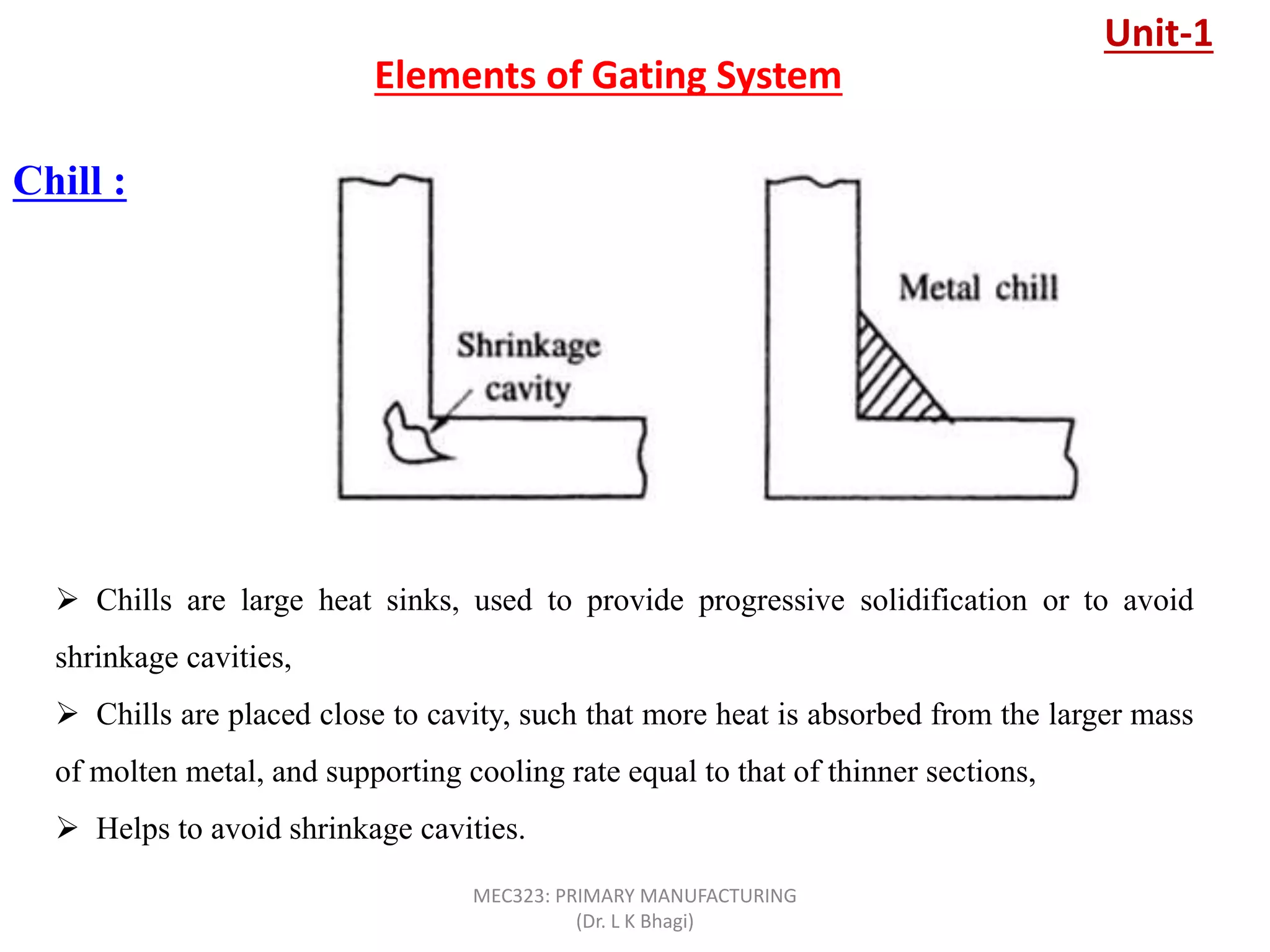 Chill :
Elements of Gating System
 Chills are large heat sinks, used to provide progressive solidification or to avoid
shrinkage cavities,
 Chills are placed close to cavity, such that more heat is absorbed from the larger mass
of molten metal, and supporting cooling rate equal to that of thinner sections,
 Helps to avoid shrinkage cavities.
Unit-1
MEC323: PRIMARY MANUFACTURING
(Dr. L K Bhagi)
 