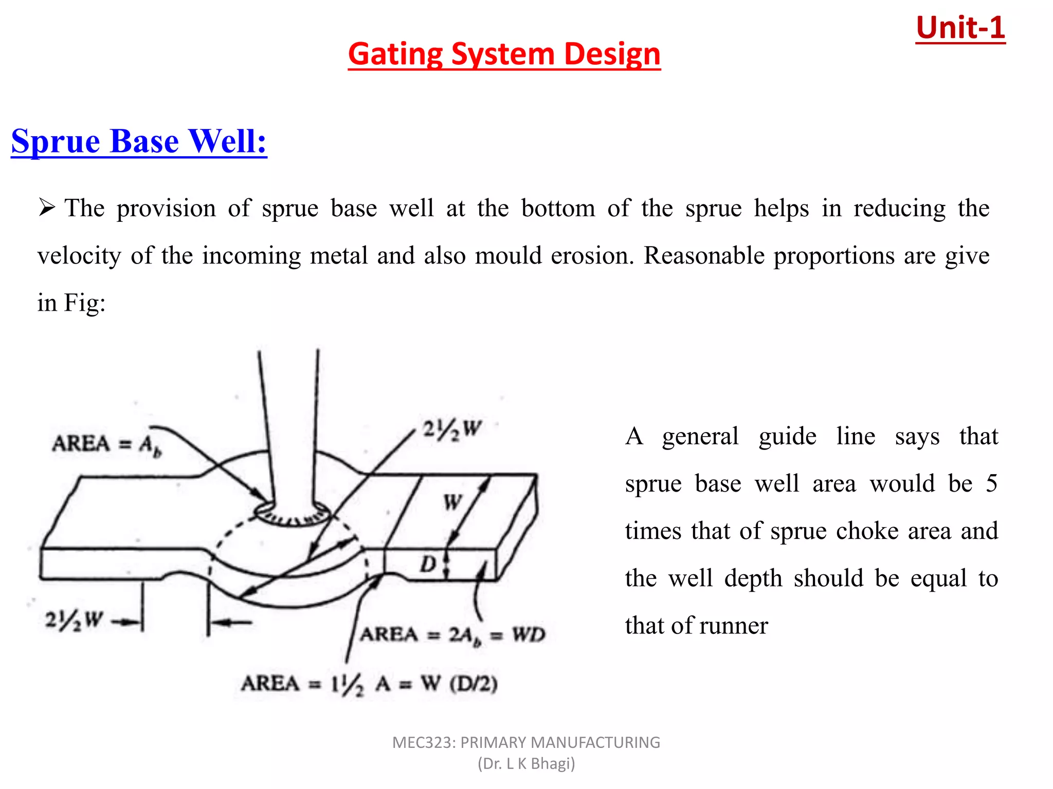 Sprue Base Well:
Gating System Design
 The provision of sprue base well at the bottom of the sprue helps in reducing the
velocity of the incoming metal and also mould erosion. Reasonable proportions are give
in Fig:
A general guide line says that
sprue base well area would be 5
times that of sprue choke area and
the well depth should be equal to
that of runner
Unit-1
MEC323: PRIMARY MANUFACTURING
(Dr. L K Bhagi)
 