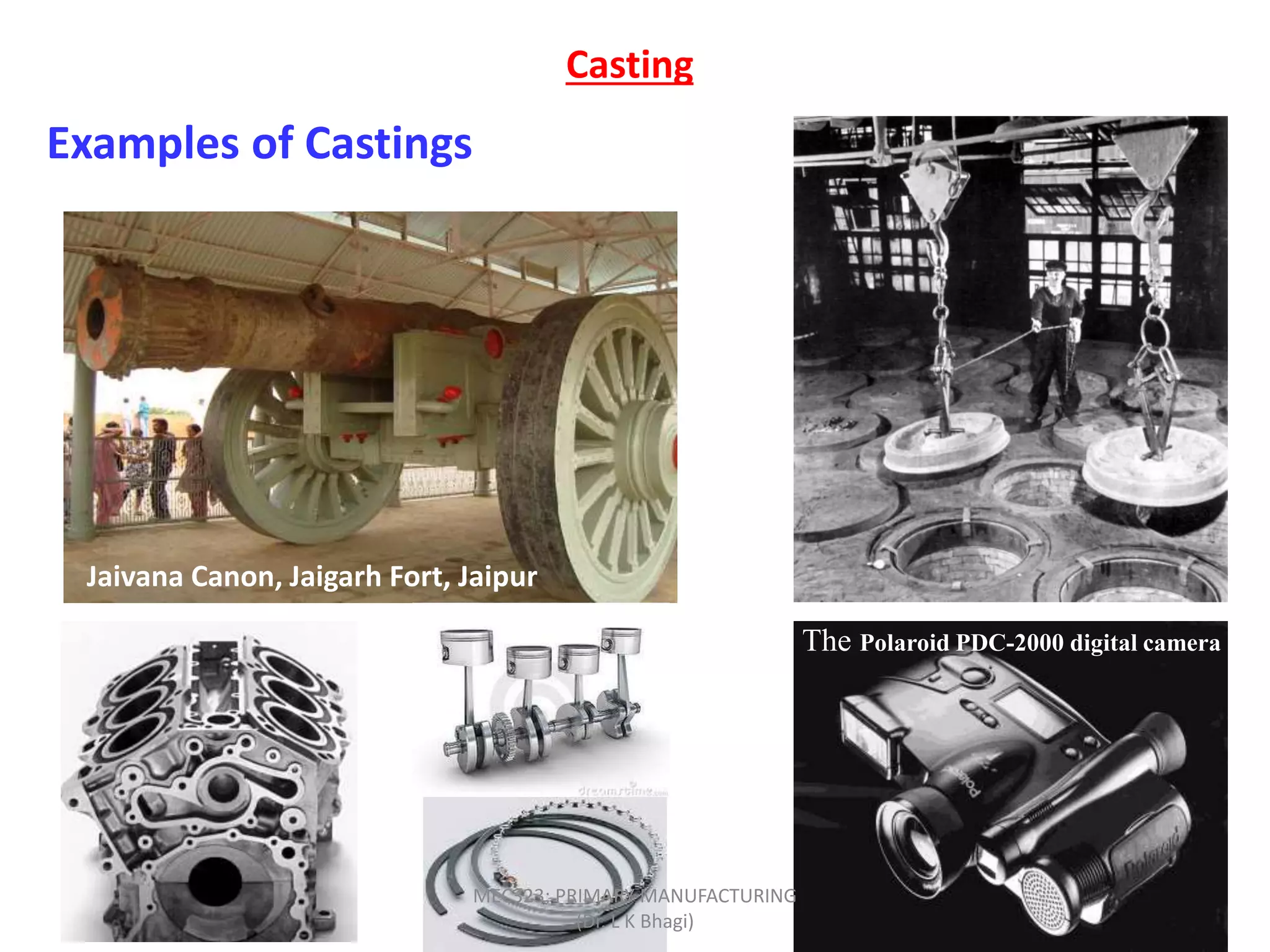 Examples of Castings
Casting
The Polaroid PDC-2000 digital camera
Jaivana Canon, Jaigarh Fort, Jaipur
MEC323: PRIMARY MANUFACTURING
(Dr. L K Bhagi)
 