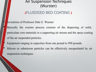 (FLUIDISED BED COATING )
 Inventions of Professor Dale E. Wurster
 Basically the wurster process consists of the dispersing of solid,
particulate core materials in a supporting air stream and the spray-coating
of the air suspended particles.
 Equipment ranging in capacities from one pound to 990 pounds.
 Micron or submicron particles can be effectively encapsulated by air
suspension techniques.
Air Suspension Techniques
(Wurster)
 