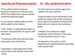 Interfacial Polymerization In- situ polymerisation
The multifunctional monomer
dissolved in liquid core material which
will be then dispersed in aqueous phase
containing dispersing agent.
A co reactant multifunctional amine
will be added to the mixture.
This results in rapid polymerization at
interface and generation of capsule shell
takes place.
A polyurea shell will be formed when
isocyanate reacts with amine,
polynylon or polyamide shell will be
formed when acid chloride reacts with
amine.
In this process no reactive agents are
added to the core material.
polymerization occurs exclusively in the
continuous phase and on the continuous
phase side of the interface formed by the
dispersed core material and continuous
phase.
Initially a low molecular weight
prepolymer will be formed, as time goes
on the prepolymer grows in size.
it deposits on the surface of the
dispersed core material thereby generating
solid capsule shell.
45
 