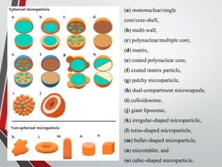 (a) mononuclear/single
core/core-shell,
(b) multi-wall,
(c) polynuclear/multiple core,
(d) matrix,
(e) coated polynuclear core,
(f) coated matrix particle,
(g) patchy microparticle,
(h) dual-compartment microcapsule,
(i) colloidosome,
(j) giant liposome,
(k) irregular-shaped microparticle,
(l) torus-shaped microparticle,
(m) bullet-shaped microparticle,
(n) microtablet, and
(o) cubic-shaped microparticle.
 