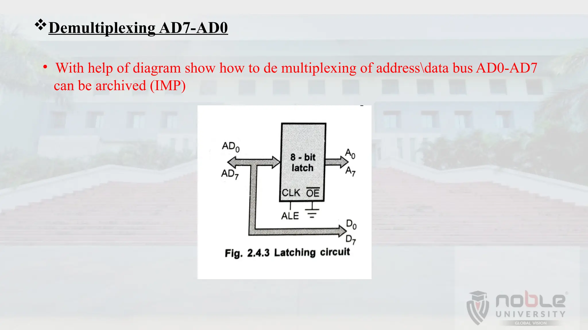Demultiplexing AD7-AD0
• With help of diagram show how to de multiplexing of addressdata bus AD0-AD7
can be archived (IMP)
 